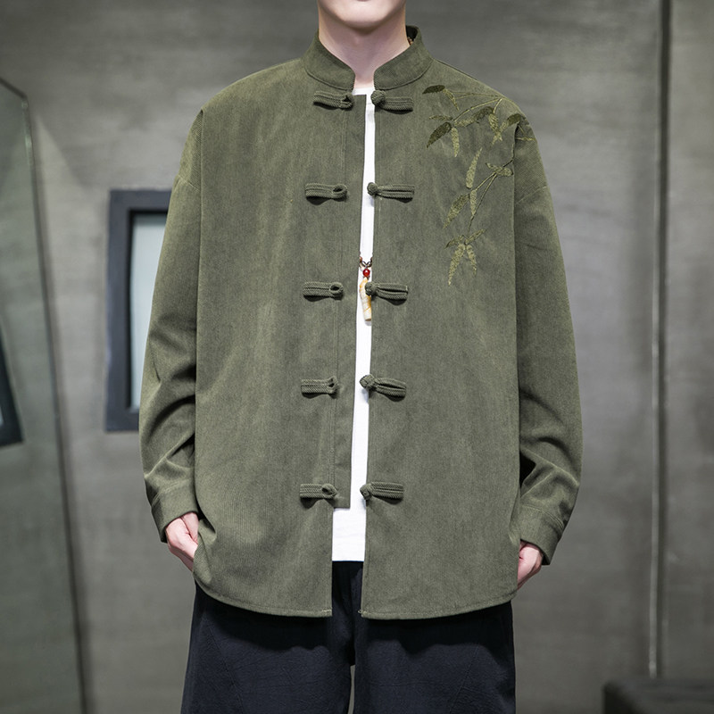 秋季风男装衬衣灯芯绒唐装汉服大码透气刺绣衬衫A118-C823P70图片
