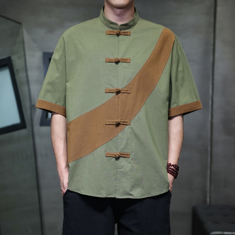 夏季风短袖复古大码棉麻唐装汉服宽松衬衫男A118-C032P70控99,男装衬衫,电商A118