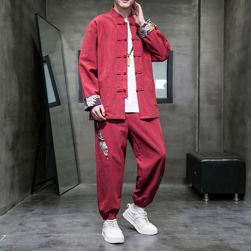 秋季风男装棉麻套装新中式唐装印花外套两件套A118-TZ205P105,男装休闲套装,电商A118