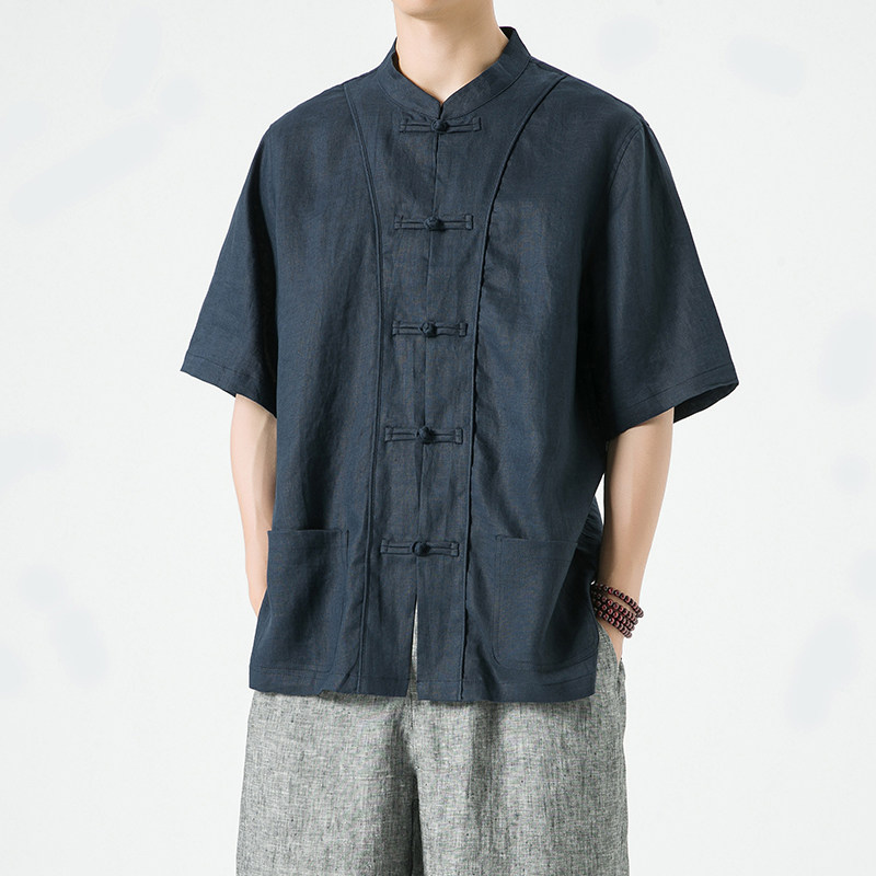 纯亚麻夏季风大码男装唐装短袖复古衬衫A118-C812-P110图片