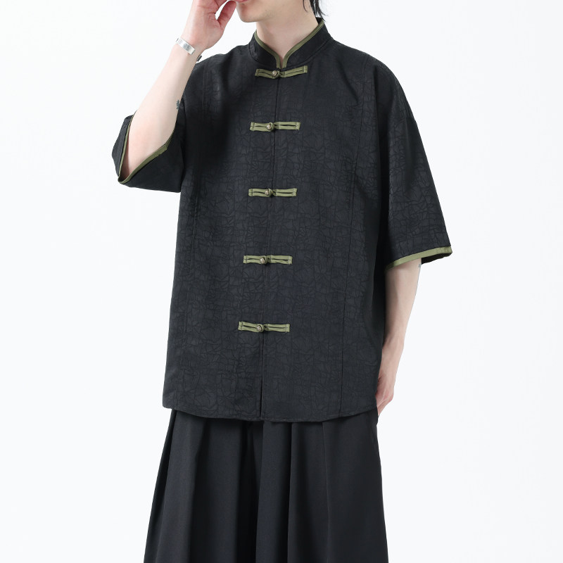 夏季风男装短袖衬衫新中式唐装冰丝提花汉服A118-C27P65控88,男装T恤,电商A118