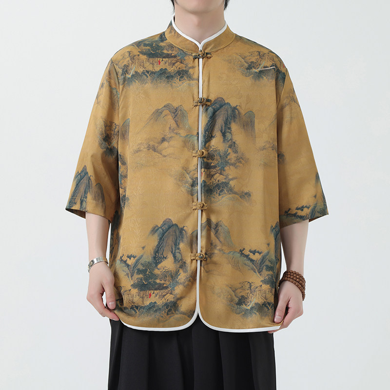 夏季风冰丝唐装盘扣中式印花半袖衬衣汉服男A118-C05P65控88,男装T恤,电商A118