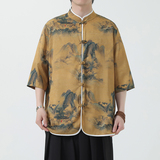 夏季风冰丝唐装盘扣中式印花半袖衬衣汉服男A118-C05P65控88，男装T恤，电商A118