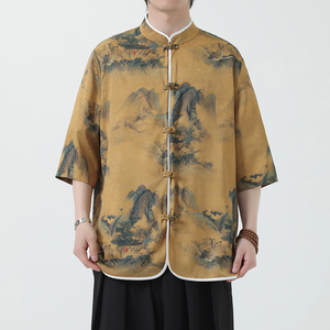 夏季风冰丝唐装盘扣中式印花半袖衬衣汉服男A118-C05P65控88图片