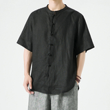 纯亚麻夏季风男装短袖新中式衬衫盘扣唐装A118-C805-P85，男装T恤，电商A118