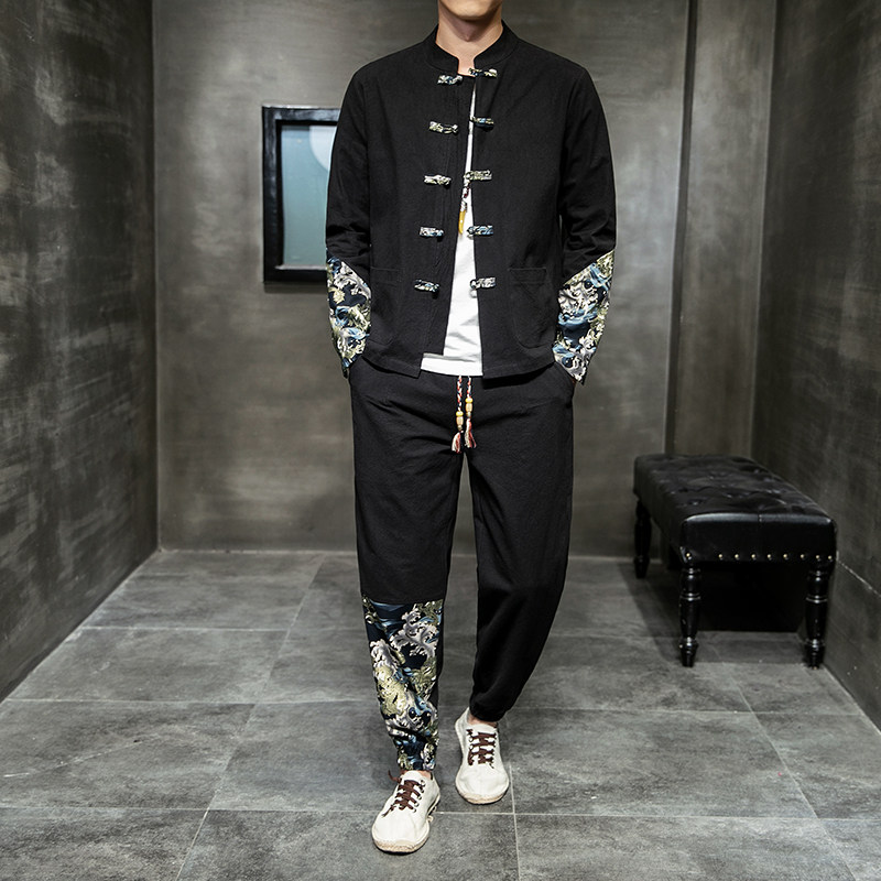 风唐装男春秋棉麻套装新中式大码衬衫两件套A118-TZ1990-P90，男装衬衫，电商A118