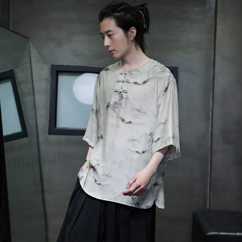 夏季风男装冰丝短袖T恤新中式印花改良汉服A118-T501P60控78图片
