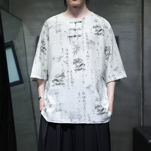 夏季风男装冰丝短袖T恤新中式印花改良汉服A118-T501P60控78图片