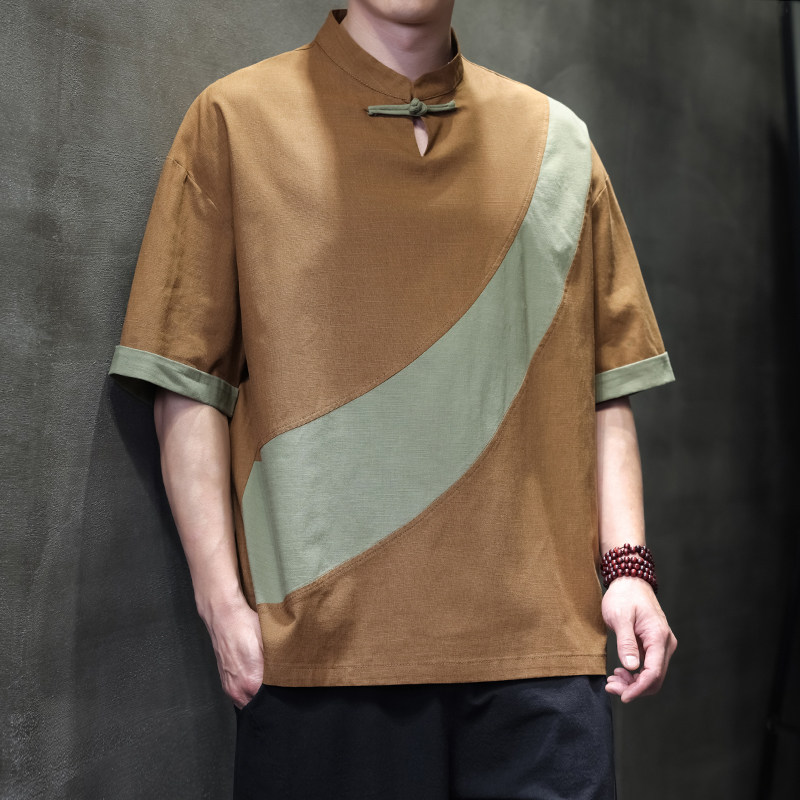 2025夏季风男装短袖唐装汉服棉麻复古T恤A118-T006P65控99,男装T恤,电商A118