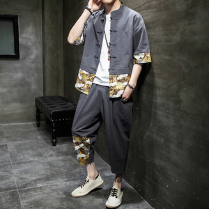 夏季风唐装汉服印花拼接复古短袖套装两件套男A118-TZ206P100图片