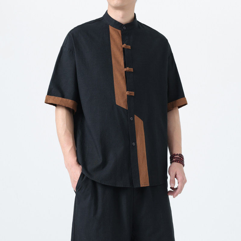 2025夏季风唐装汉服短袖复古大码青年衬衫男A118-C031P70控99,男装T恤,电商A118