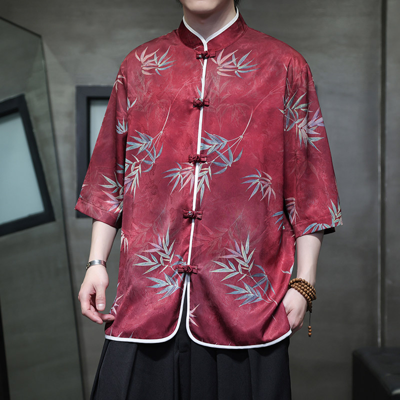 2025夏季风男装中式唐装印花复古冰丝短袖衬衫A118-C02P65,男装衬衫,电商A118