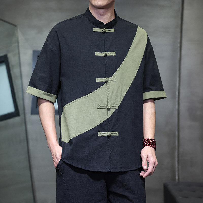 夏季风短袖棉麻亚麻唐装汉服大码拼接衬衫男118-C032P70控99,男装衬衫,电商A118