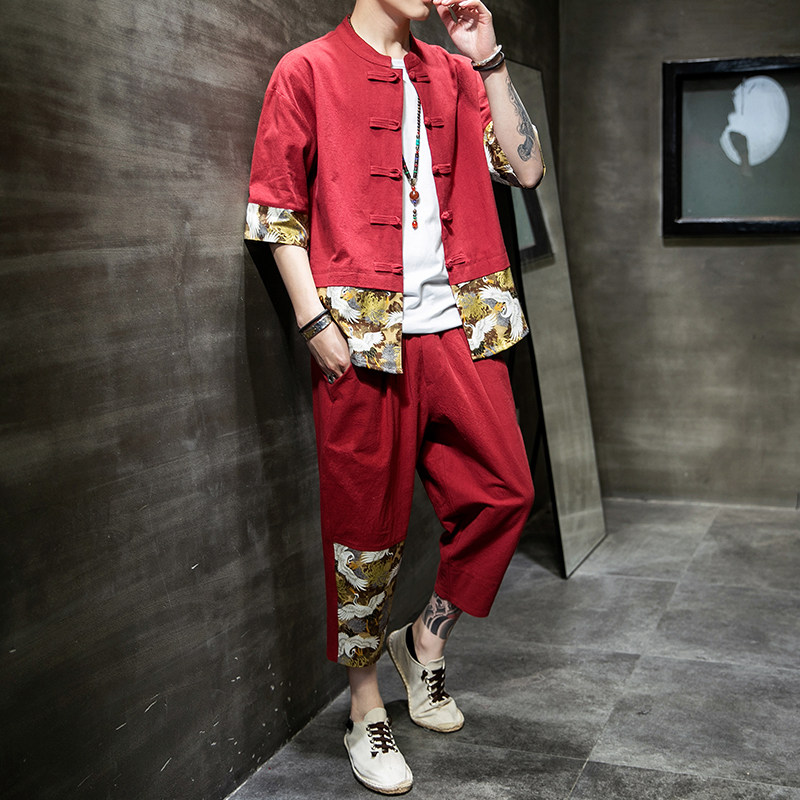 夏季风唐装汉服大码中式复古短袖套装两件套男A118-TZ206P100,男装休闲套装,电商A118