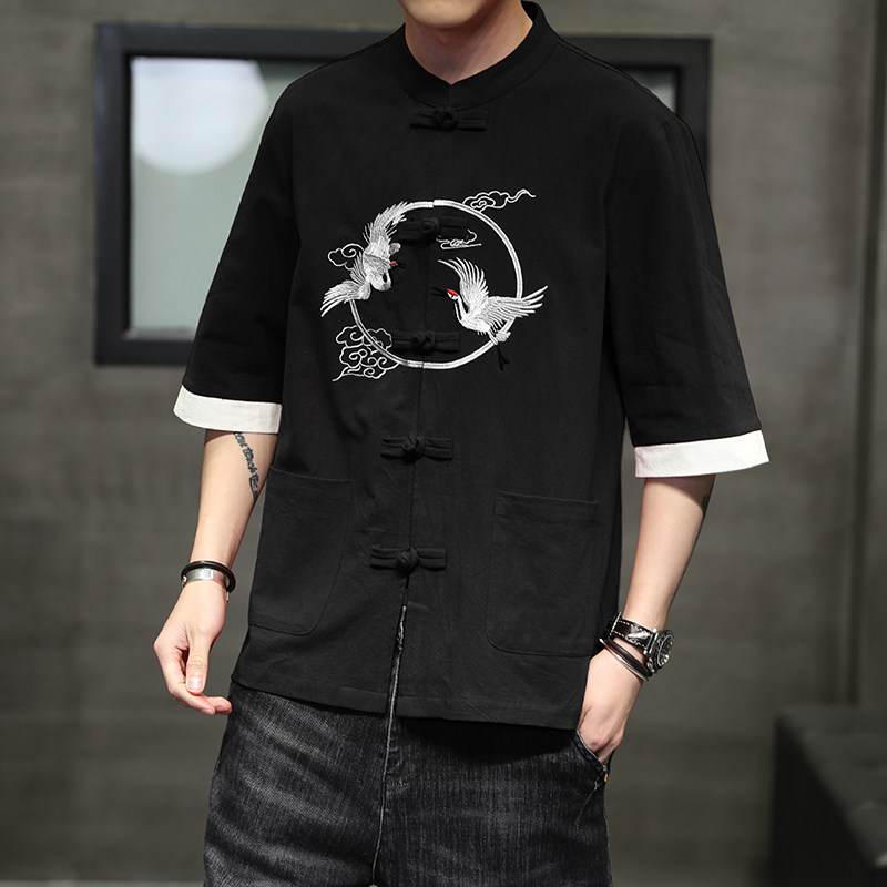 夏季风唐装棉麻亚麻大码刺绣中式短袖复古衬衣男A118-C701P60,男装衬衫,电商A118