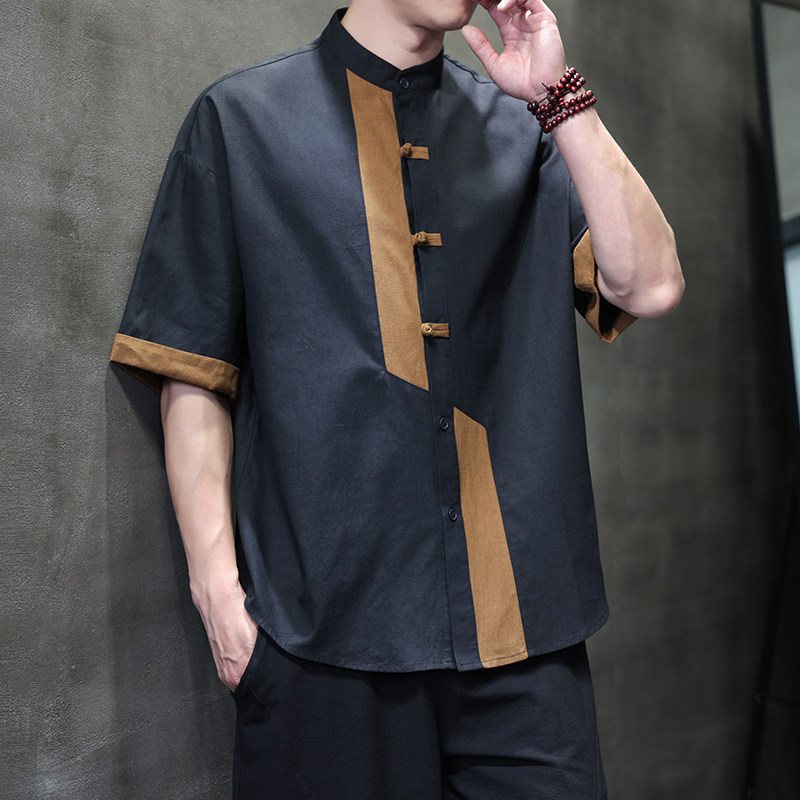 夏季风短袖衬衫唐装汉服中式复古大码衬衣男A118-C031P70控99,男装衬衫,电商A118