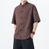 2025夏季风中式唐装短袖衬衫复古豹纹T恤男A118-C033P70控99，男装T恤，电商A118