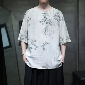 夏季风男装棉麻短袖新中式亚麻汉服印花T恤A118-C23P65控88图片