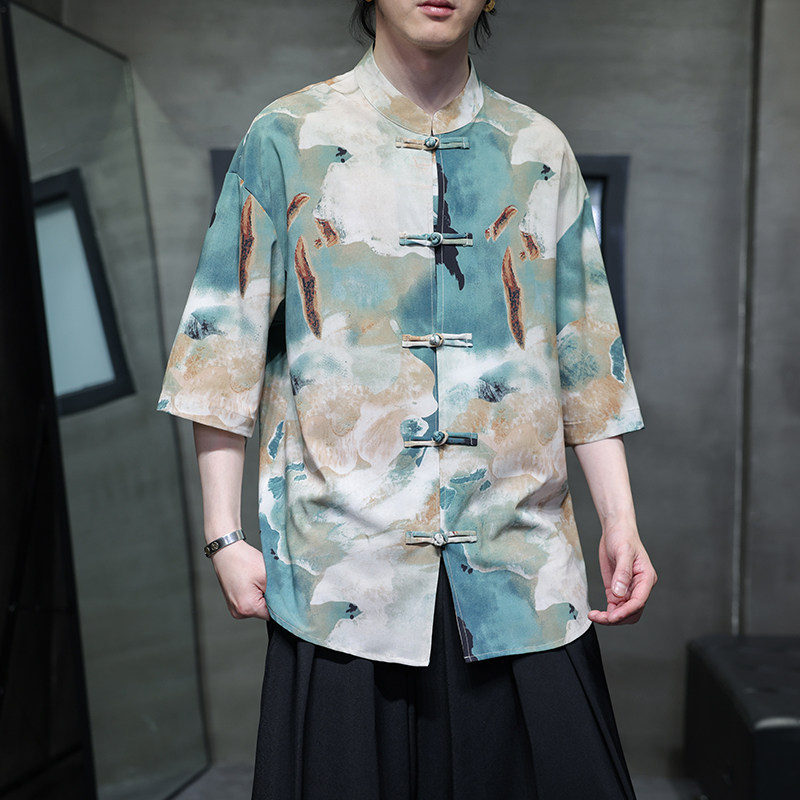夏季风男装短袖衬衫大码宽松印花衬衣汉服男A118-C22P65控88,男装衬衫,电商A118