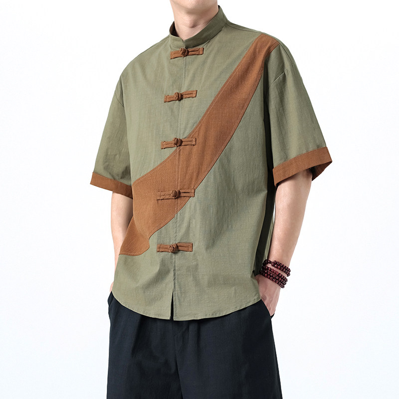 夏季风棉麻短袖唐装拼接衬衫中式复古大码男A118-C032P70控99,男装T恤,电商A118