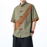 夏季风棉麻短袖唐装拼接衬衫中式复古大码男A118-C032P70控99，男装T恤，电商A118