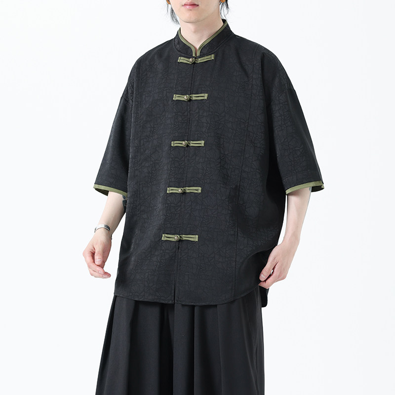夏季风男装短袖衬衫新中式唐装冰丝提花汉服A118-C27P65控88,男装T恤,电商A118