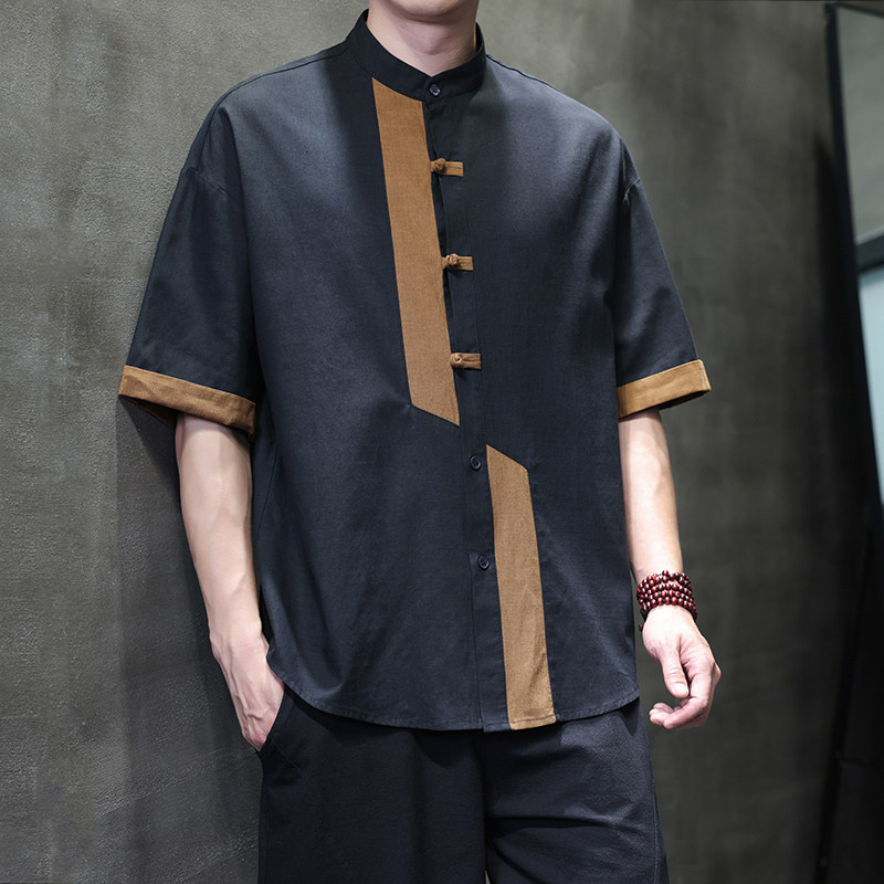 夏季风短袖衬衫唐装汉服中式复古大码衬衣男A118-C031P70控99,男装衬衫,电商A118