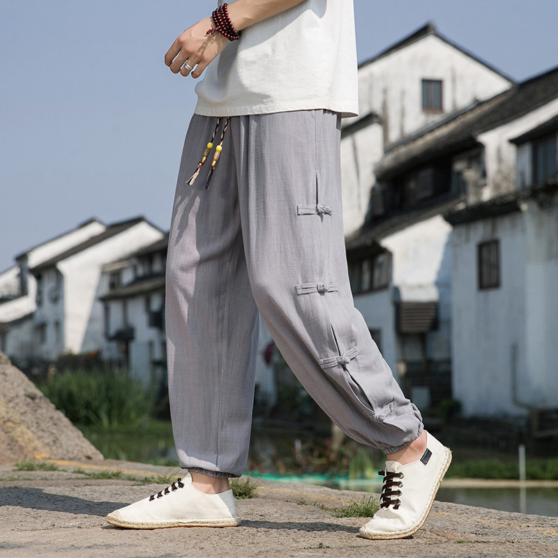 春夏风亚麻休闲裤复古盘扣新中式束脚大码长裤男A118-K300P75,男装休闲裤,电商A118