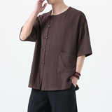 夏季风男装短袖复古唐装汉服铜扣大码T恤A118-T008P70控99，男装T恤，电商A118