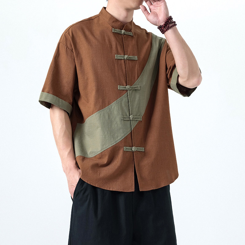 夏季风唐装棉麻大码短袖中式复古拼接衬衫男A118-C032P70控99,男装T恤,电商A118