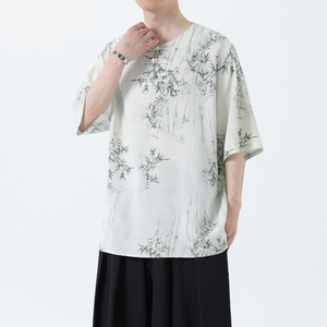 夏季风男装新中式棉麻短袖亚麻T恤印花汉服男A118-C23P65控88图片