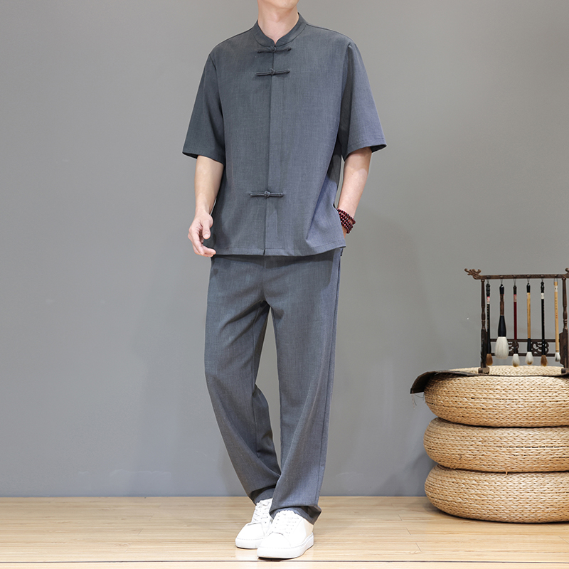 2025夏季风新款唐装天丝亚麻大码短袖男A118-TZ2502P165控228，男装休闲套装，电商A118