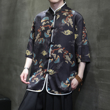 2024风男装夏季冰丝印花短袖唐装宽松衬衣T恤A118-C01P65控88，男装T恤，电商A118