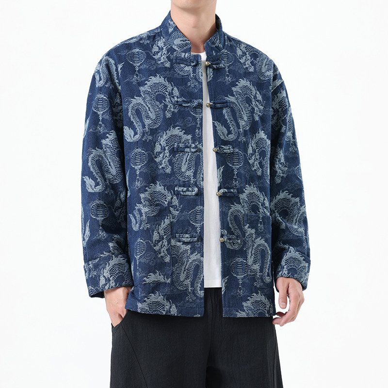 秋冬季风唐装牛仔外套中式龙纹提花复古夹克男A118-A8813P135,男装工装外套,电商A118