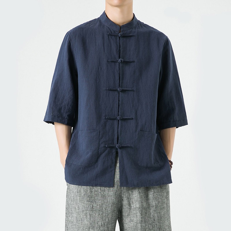 新中式男装风亚麻唐装夏季五分袖棉麻汉服男DS-A118-C803-P80,男装T恤,电商A118