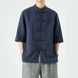 夏季风中式男装亚麻棉麻唐装汉服五分袖复古衬衫A118-C803P80，男装衬衫，电商A118