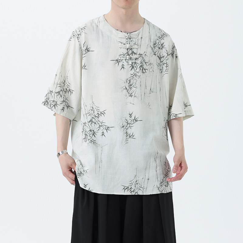 夏季风男装新中式棉麻短袖亚麻T恤印花汉服男A118-C23P65控88,男装T恤,电商A118