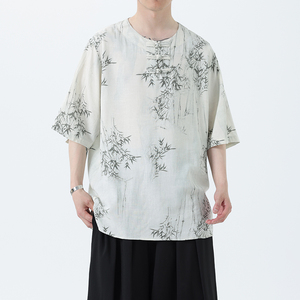 夏季风男装新中式棉麻短袖亚麻T恤印花汉服男A118-C23P65控88图片