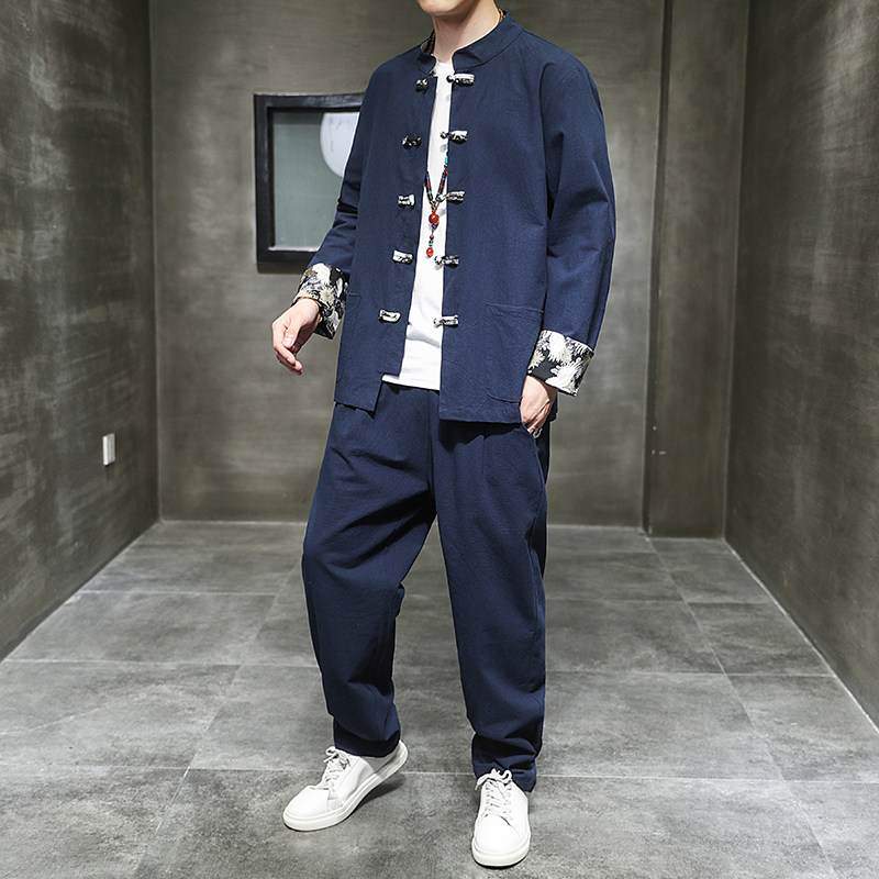 秋季风男装棉麻唐装拼接复古中式大码两件套A118-TZ2023P95,男装休闲套装,电商A118