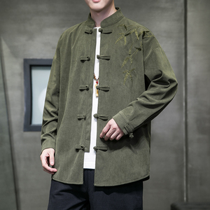 秋季风男装衬衣灯芯绒唐装汉服大码透气刺绣衬衫A118-C823P70图片