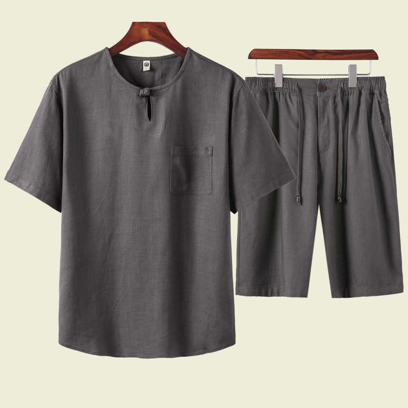 2025夏季风亚麻短袖T恤套装唐装休闲短裤男A118-T915101P110，男装休闲套装，电商A118