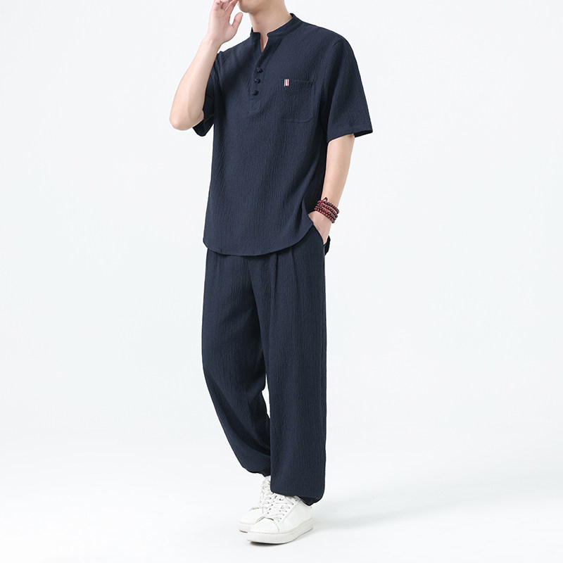 夏季风新中式唐装中山装大码冰丝短袖男A118-TZ2507P115控198,男装休闲套装,电商A118