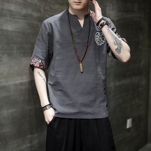 风夏季唐装短袖T恤棉麻亚麻大码宽松汉服刺绣男A118-A02-P45图片