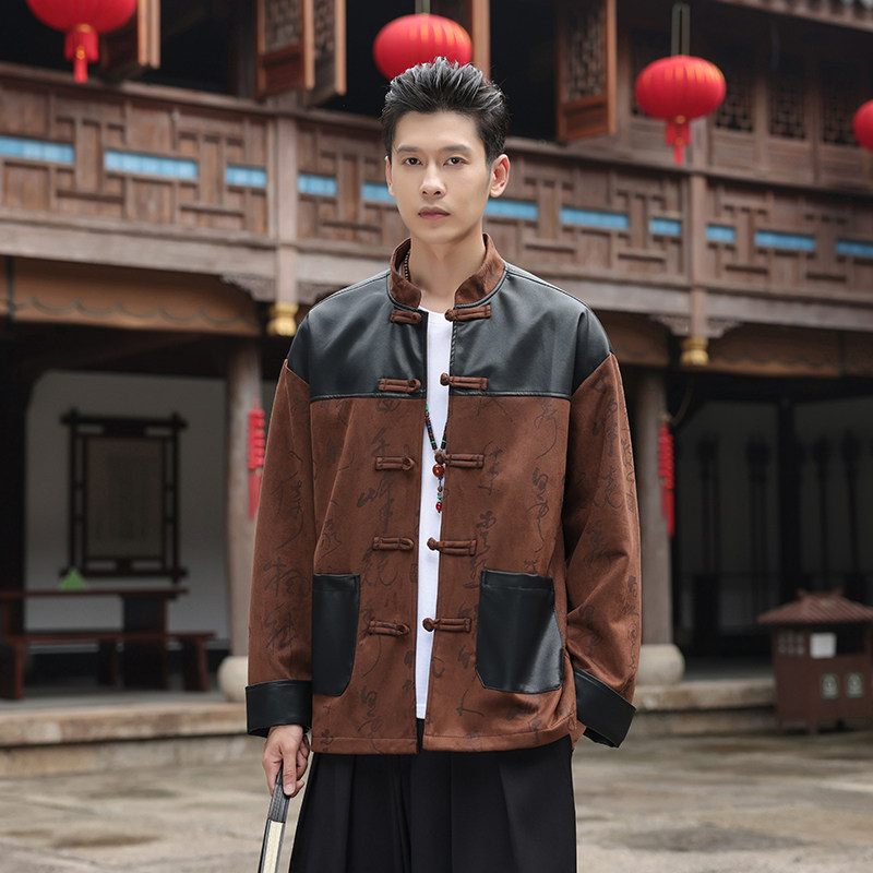 春季风男装中式唐装复古夹克甲骨文拼接皮外套A118-A8831P120，男装夹克，电商A118