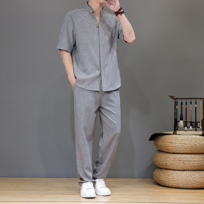夏季风亚麻天丝高端唐装短袖套装茶服男A118-TZ2503P165控228,男装休闲套装,电商A118
