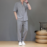 夏季风亚麻天丝高端唐装短袖套装茶服男A118-TZ2503P165控228，男装休闲套装，电商A118