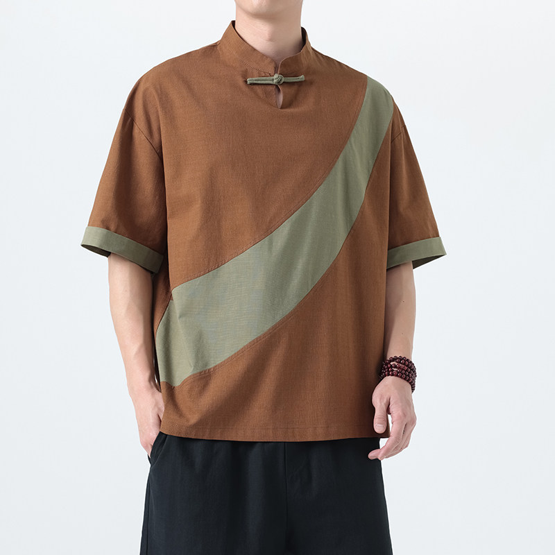 夏季风棉麻短袖唐装亚麻拼接大码复古T恤男A118-T006P65控99,男装T恤,电商A118