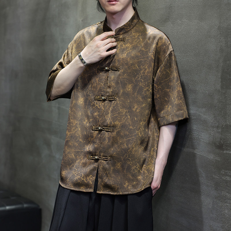 夏季风唐装冰丝短袖衬衫新中式五分袖汉服男A118-C21P65控88,男装衬衫,电商A118