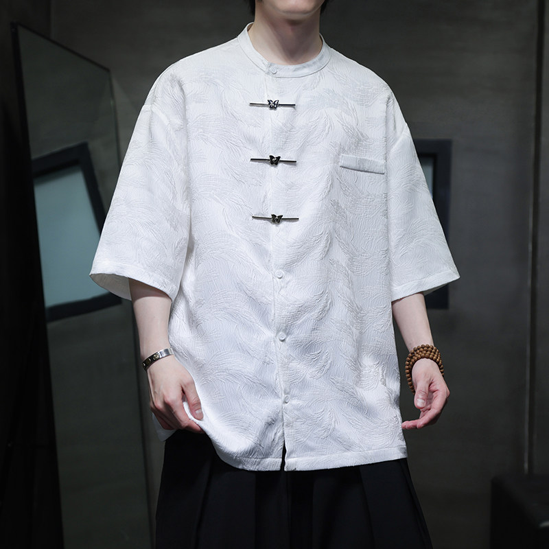 夏季风短袖衬衫新中式大码提花五分袖衬衣男A118-C06P65控88,男装T恤,电商A118