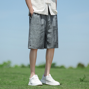 纯亚麻夏季风短裤纯色直筒休闲五分裤男A118-DK906P95图片